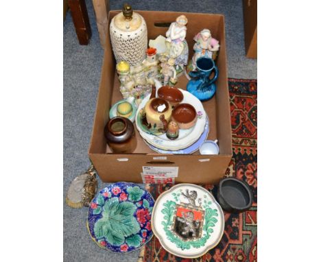 A group of 19th century and later ceramics including Royal Crown Derby plate, Torquay wares, Staffordshire figures and pastil