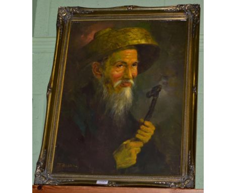 T Chan, Portrait of an opium smoker, signed, oil on board