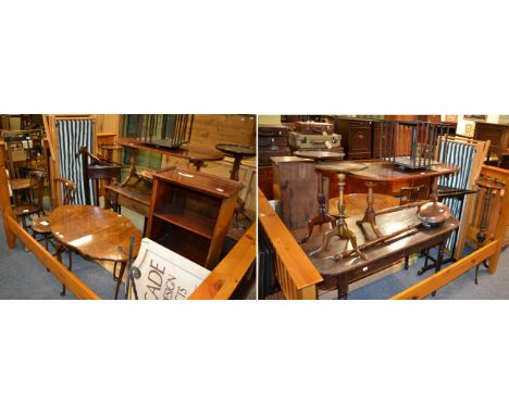 A quantity of reproduction furniture comprising a walnut veneered drop leaf occasional table; small open bookcase; a sign ins