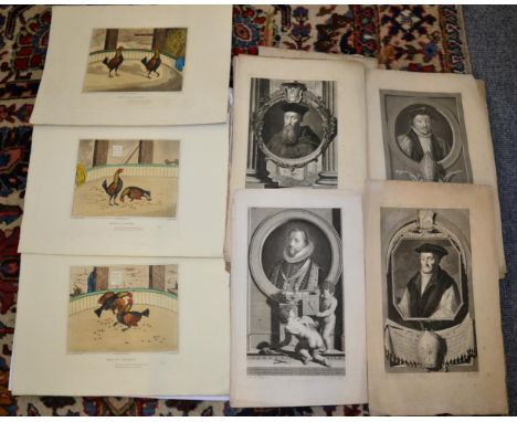 CR Stock after CR Stock, Cock fighting (plates I-IV) coloured engravings, together with a collection of approx 16 portrait en