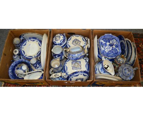 A large assortment of blue and white transfer printed wares including Spode Italian pattern, Royal Doulton etc (three boxes)