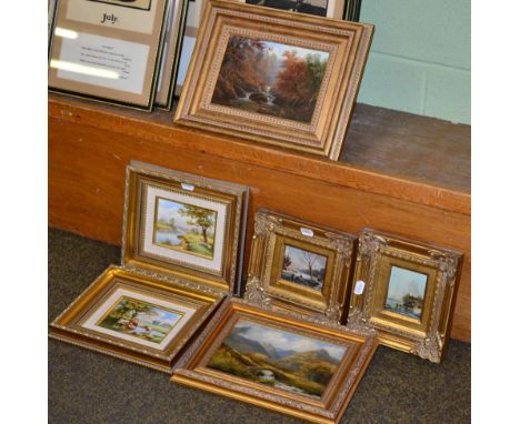 Follower of William Mellor, Upland river stream, oil on board, together with a further landscape study, two painted porcelain