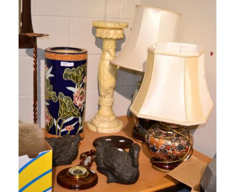 Two modern table lamps decorated with butterflies and birds, with shades; a copper ashtray; a modern ceramic umbrella/stick s