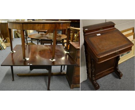 An early 19th century mahogany drop leaf gateleg table, a mahogany demi lune side table and an Edwardian mahogany veneered Da