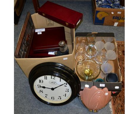 An Art Deco wall light, battery driven wall timepiece, glassware, jewellery case boxes, limited edition figure etc (two boxes