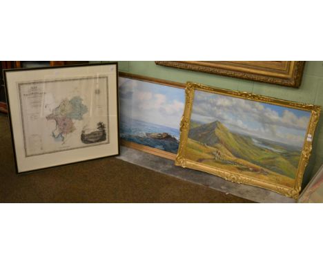 An oil on canvas seascape, unsigned; an oil on board of a highland scene with figures and sheep, signed R C D Lowry and a col