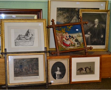 Six prints depicting figures with horses, a portrait of a lady and a G Morland print titled ''A Boy Employed in Burning the W