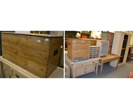 A group of pine furniture comprising a painted wardrobe converted to a pantry cupboard, a side table, a mesh fronted kitchen 