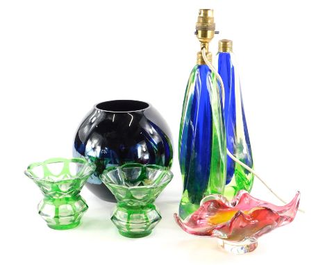 A pair of Czech Bohemian style studio glass lamp bases, 29cm high, an art glass gobular vase, engraved CISCH, a pair of green