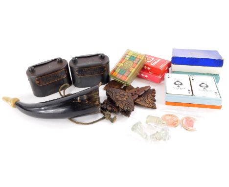 Miscellaneous items, to include two Leicester Co-operative Society money boxes, packs of playing cards, two Co-op tokens, a h