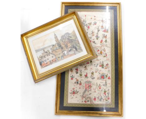 An oriental silk picture, decorated with children playing etc., within a geometric border, 86cm x 41cm, and a print signed W 