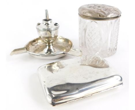 A Victorian plain silver cigarette case, Birmingham 1899, maker Deakin and Francis and a cut glass dressing table jar with si