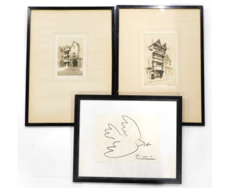 E.J Maybury. Old Houses, Tewkesbury, and St Bartholomew's Hospital Bristol, artist signed etchings, 22cm x 14cm, and a print 
