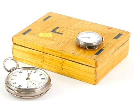 Two silver pocket watches, to include a silver cased pocket watch, with white enamel dial, seconds dial and hands, lacking gl