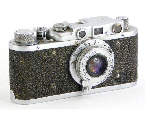 A 1947-53 Fed If camera, a Russian copy of the Leica II, fitted with a Fed 50mm f3.5 lens.