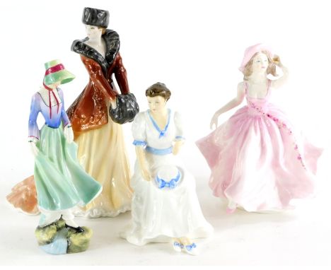 Two Royal Doulton porcelain figurines, to include Polly, with original label, Jean, a Royal Worcester figure Natasha and a Co