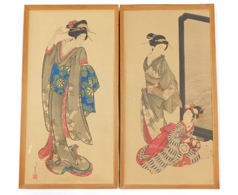 19thC Oriental School. Geisha, a pair of coloured prints, 83cm x 42cm.