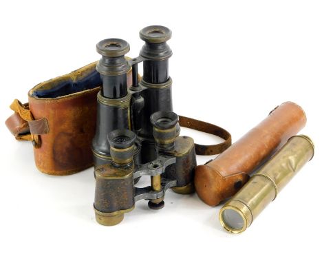 A pair of brass and leather binoculars, unmarked, another pair stamped FCM Watkins Rasc, made by Leitz (AF), and a four drawe
