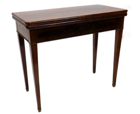 A 19thC French mahogany card table, the rectangular top with rounded ends on square tapering legs, (AF),  75cm high, 84cm wid