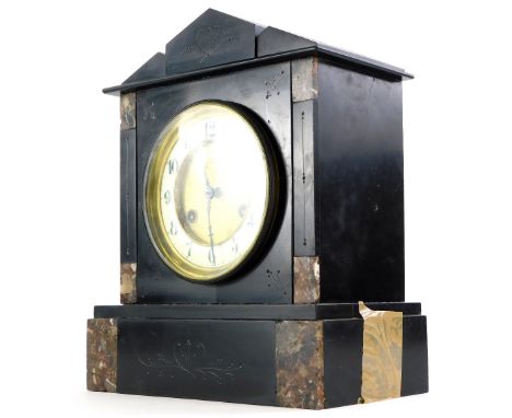 A late 19th/early 20thC French black slate and marble mantel clock, with enamel style dial, 31cm high.