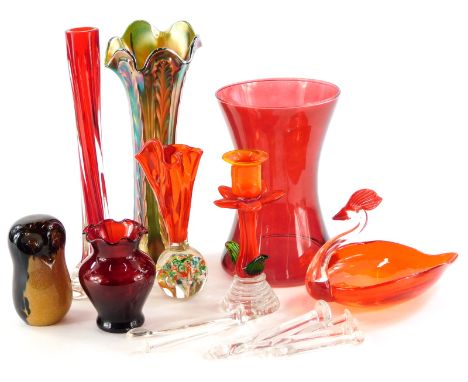 Miscellaneous glass, to include a Carnival glass flared vase, a Murano type candlestick, various glass swizzle sticks.