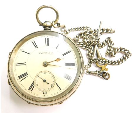 A late Victorian silver cased pocket watch, the enamel dial signed G. Aaronsson, Manchester, Birmingham 1894, and a silver ch