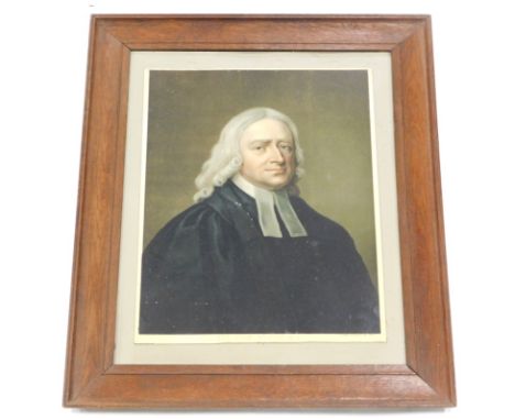 A 19thC coloured print of the Reverend John Wesley, published by Brumby and Clarke of Hull, 51cm x 37cm.