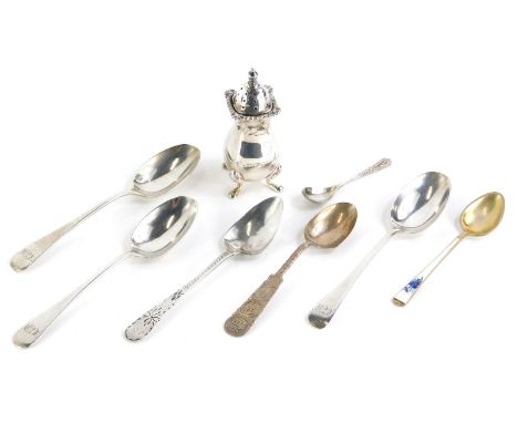 A collection of silver and white metal spoons, to include a Norwegian example with enamel decoration stamped Sterling, a Chin