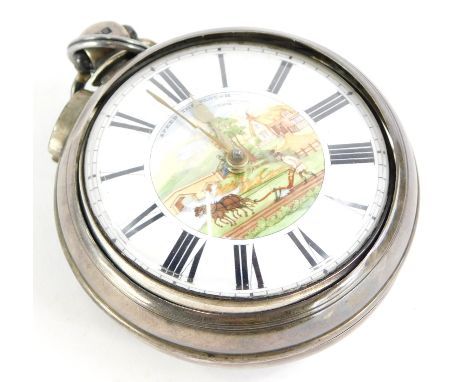 A Victorian silver pair cased pocket watch, the enamel dial decorated with a ploughing scene titled Speed The Plough, the mov