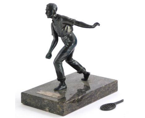 Mid 20thC School. A bronzed spelter figure of a tennis player, on rectangular marble base, inscribed First Prize 131 Infantry