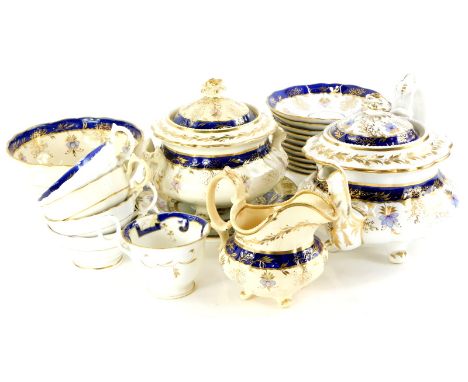 A quantity 19thC English porcelain part tea service, decorated with flowers in puce, picked in gilt within blue borders, othe