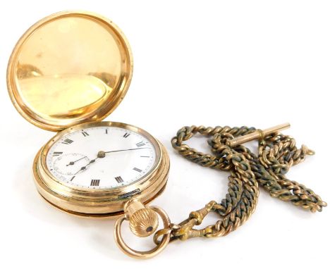 A gold plated hunter pocket watch, the white enamel dial decorated with Roman numerals and with subsidiary seconds dial, the 