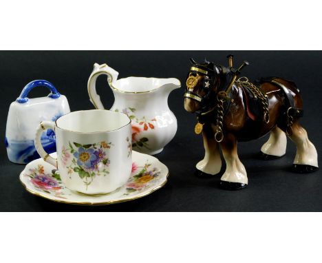 Miscellaneous ceramics, to include Royal Crown Derby Posies cup, saucer and jug, a porcelain Delft style cow bell and a small