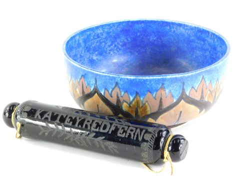 An unusual Victorian blue glass rolling pin, engraved to a Katey Redfearn, label stating by repute of Katherine Ann Redfern w