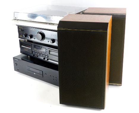 A quantity of vintage hi-fi equipment, to include a Technics Quartz SL-Q200 turntable, a Pioneer double tape deck, a Pioneer 