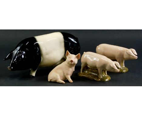A collection of four ceramic pigs, to include a large Saddleback example,  21cm long, an Aynsley piglet and a Quail cruet. (3