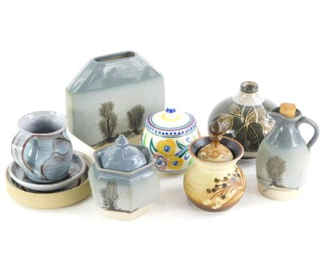 A collection of studio pottery, to include a Denby, a Poole pottery preserve jar and cover, etc. (AF)