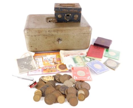 A silver coloured metal and red enamel TT Riders Association Members badge, various coins, a photograph of a B Horfun Jones a