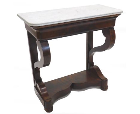 A 19thC French mahogany console table, the rectangular white variegated marble top with a channelled edge and rounded corners