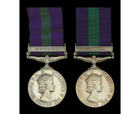 General Service 1918-62, 1 clasp, Cyprus (2) (23310047 Pte. A. J. Jones. Oxf. & Bucks.; 23377001 Pte. R. Smith. Oxf. & Bucks.