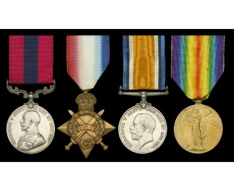 An early Great War D.C.M. group of four awarded to Private A. E. Holton, 3rd Battalion, Rifle Brigade, who, having been decor