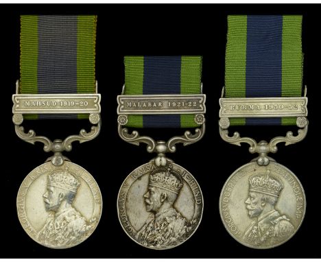 India General Service 1908-35, 1 clasp (3), Mahsud 1919-20 (5885 Sepoy Ghulam Husain, 1-124 Infy.); Malabar 1921-22 (...Rfmn.