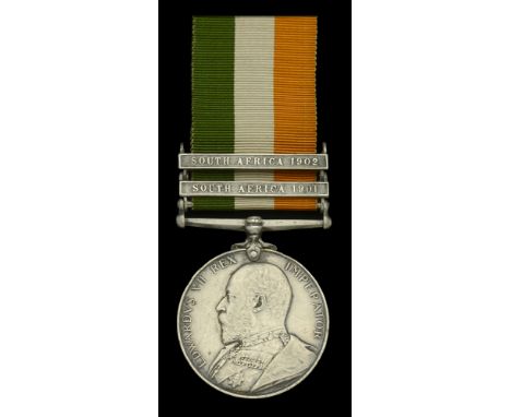 King’s South Africa 1901-02, 2 clasps, South Africa 1901, South Africa 1902 (3141 Pte. T. Jouxsom. Devon: R.) nearly very fin