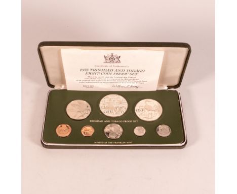 The Franklin Mint 1975 Trinidad and Tobago eight-coin proof set, in leather presentation box with paperwork. 