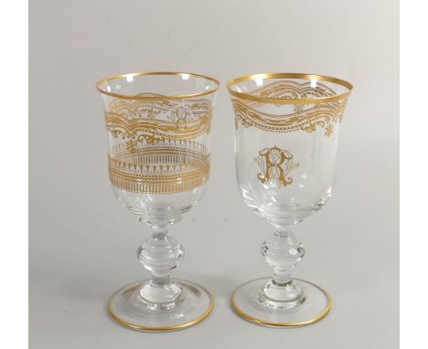 De Lamerie Fine Bone China Glass Crystal Patterned heavily gilded Red Wine Glasses with Letter R, Made in England, height 17c