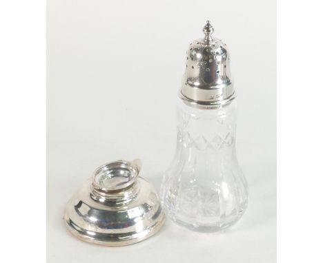 Silver topped &amp; cut glass sugar shaker and silver filled inkwell. Hinge broken on inkwell. (2) 