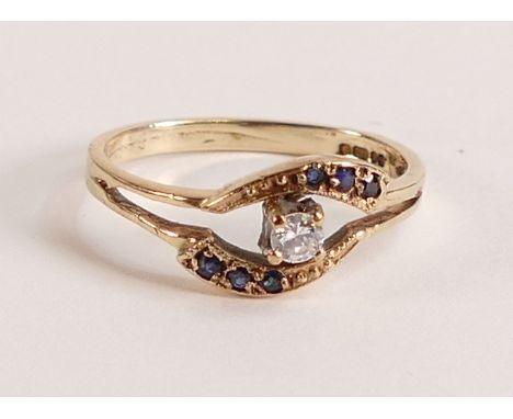 9ct gold diamond &amp; sapphire ring, ring size M, 2g. 