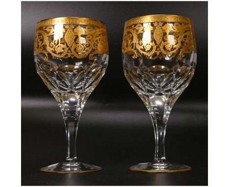 Two De Lamerie Fine Bone China heavily gilded Robert Adam Pattern Water / Wine Glass Goblets in presentation boxes , speciall