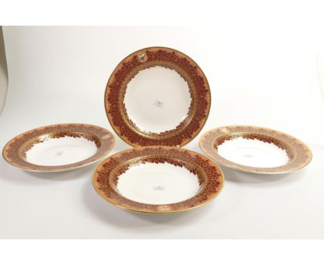 De Lamerie Fine Bone China, four heavily gilded large rimmed bowls, specially made high end quality item, Made in England, di