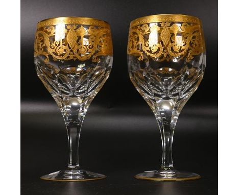 Two De Lamerie Fine Bone China heavily gilded Robert Adam Pattern Water / Wine Glass Goblets in presentation boxes , speciall